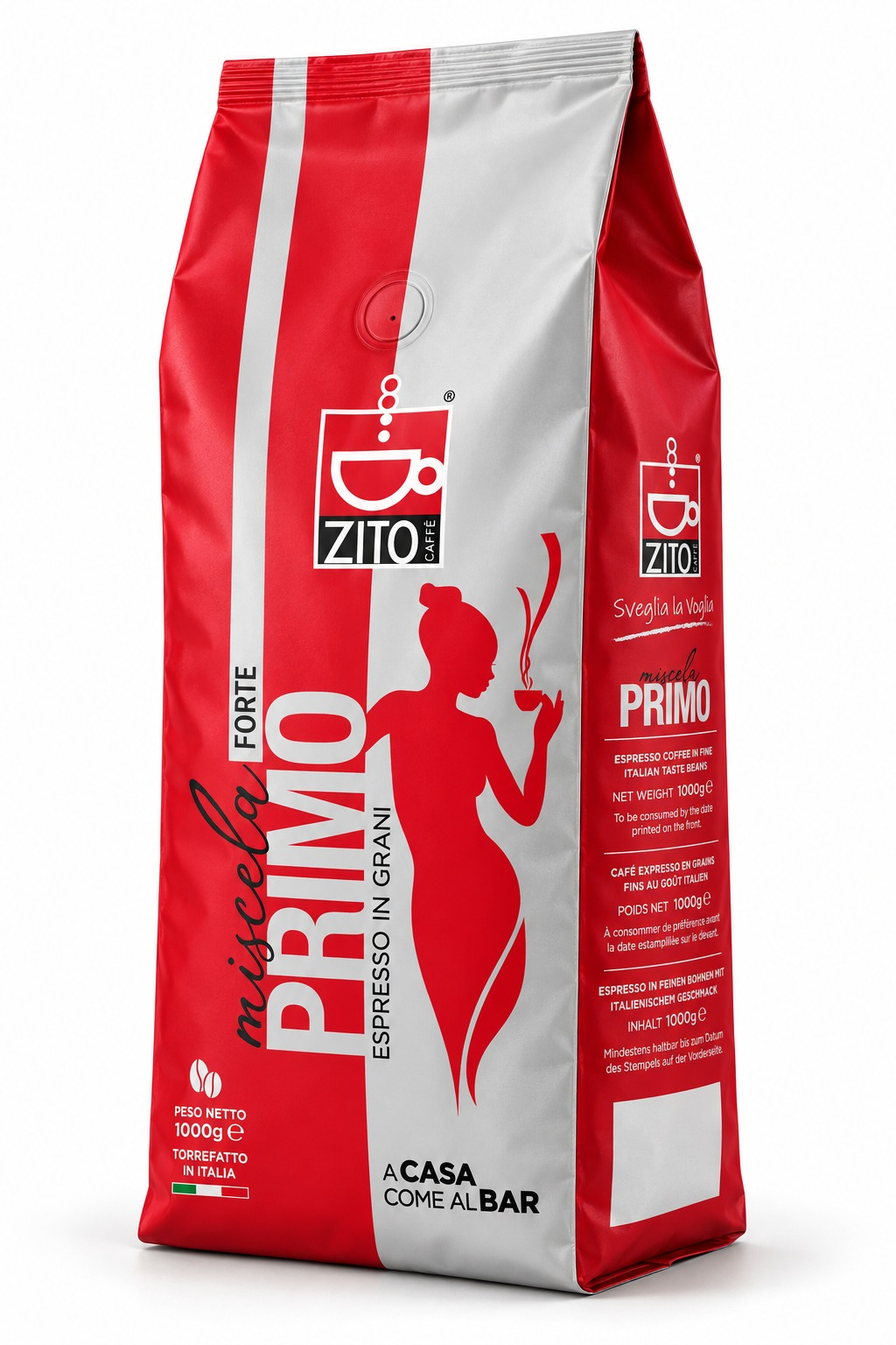 Nuovo packaging Zito Caffè Miscela PRIMO: sacco da 1 kg rosso e argento